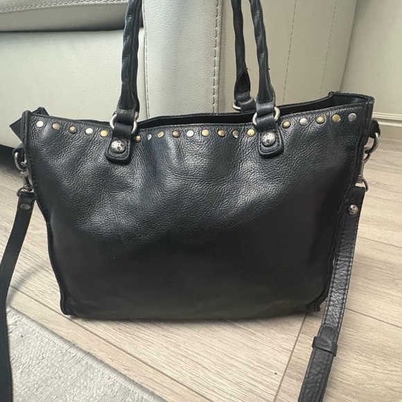 Patricia Nash Black Leather Studded Double Handles Zipper Satchel Bag - Picture 2 of 11